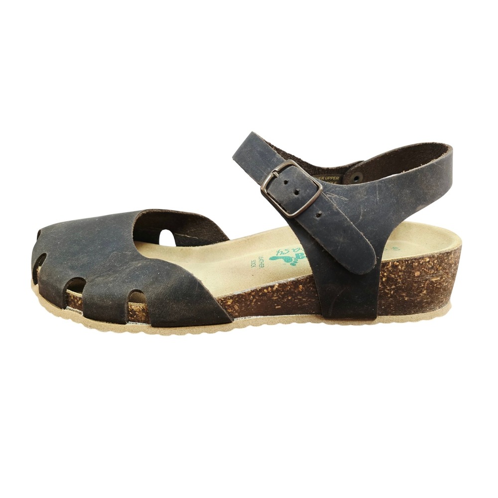 BioNatura Easy Brown Leather Caged Toe Cork Wedge Sandals Womens 40 Made Italy